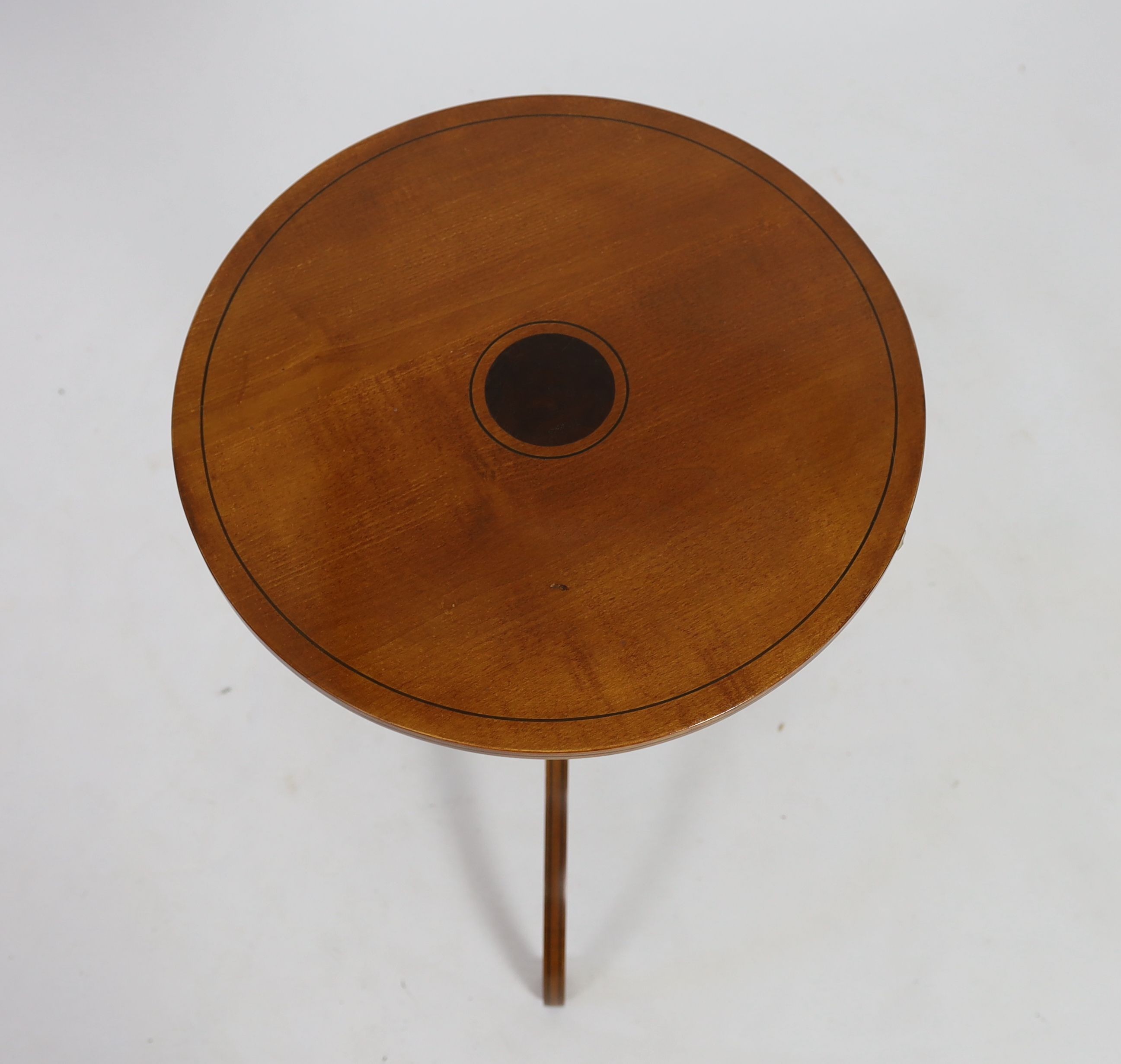 A Sheraton revival circular satinwood tripod wine table, diameter 47cm height 66cm